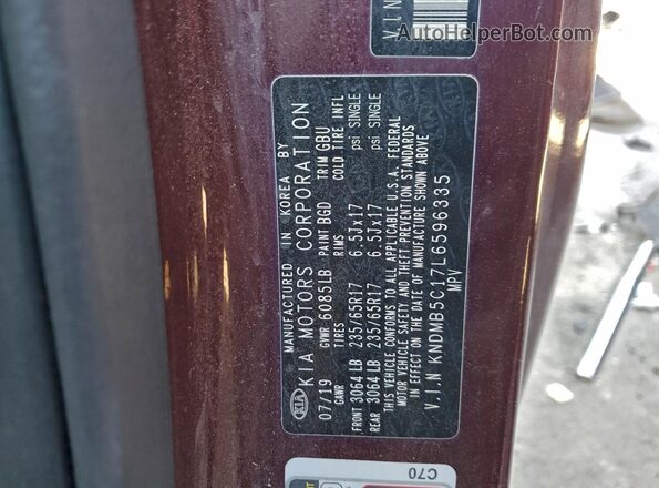 KNDMB5C17L6596335 2020 KIA SEDONA Maroon VIN sticker view