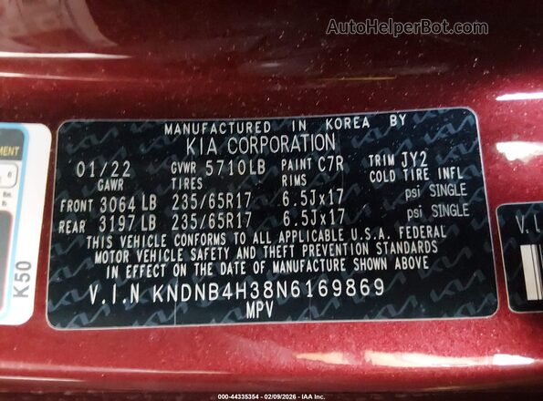 KNDNB4H38N6169869 2022 KIA CARNIVAL MPV Red Vista del compartimento del motor