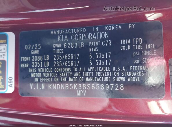 KNDNB5K38S6539728 2025 KIA CARNIVAL MPV Burgundy Вид підкапотного простору