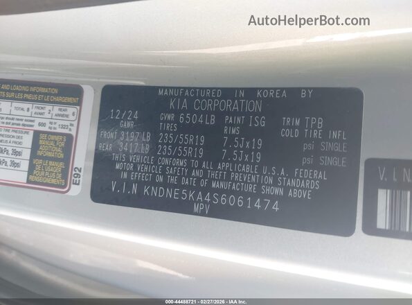 KNDNE5KA4S6061474 2025 KIA CARNIVAL MPV HYBRID Gray Widok komory silnika