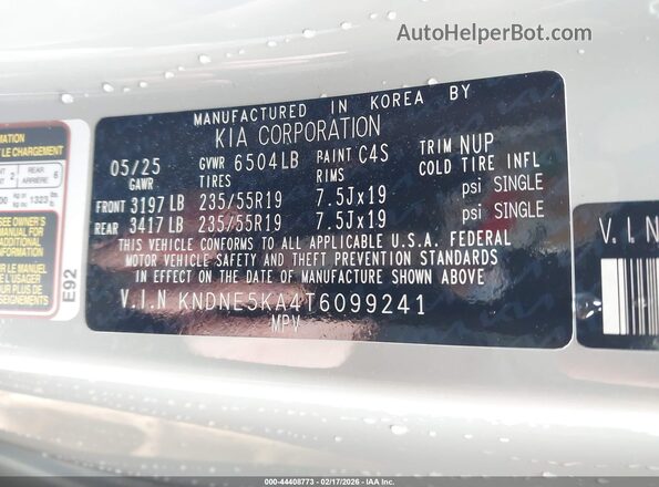 KNDNE5KA4T6099241 2026 KIA CARNIVAL MPV HYBRID Gray Вид підкапотного простору