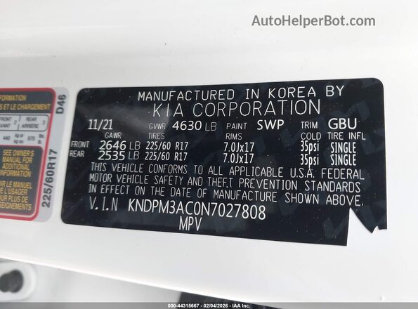 KNDPM3AC0N7027808 2022 KIA SPORTAGE White 