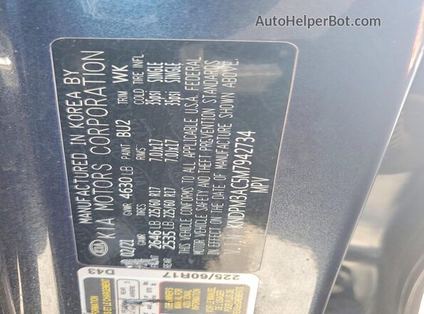 KNDPM3AC5M7942734 2021 KIA SPORTAGE Blue Widok naklejki z numerem VIN