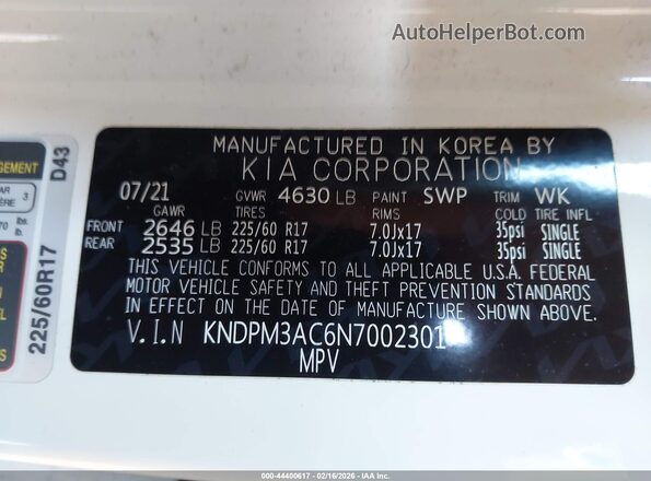 KNDPM3AC6N7002301 2022 KIA SPORTAGE White Vista del compartimento del motor