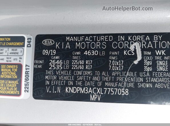 KNDPM3ACXL7757058 2020 KIA SPORTAGE Silver ძრავის განყოფილების ხედი