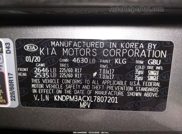 KNDPM3ACXL7807201 2020 KIA SPORTAGE Gray 