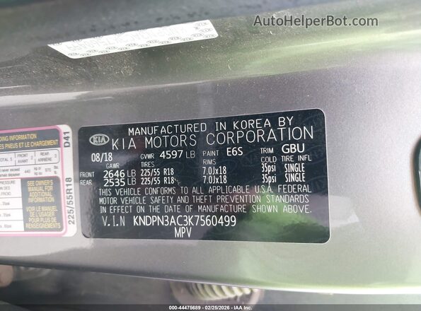 KNDPN3AC3K7560499 2019 KIA SPORTAGE Серый 