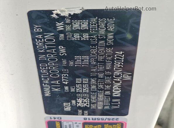 KNDPNCAC9N7991224 2022 KIA SPORTAGE White Widok naklejki z numerem VIN