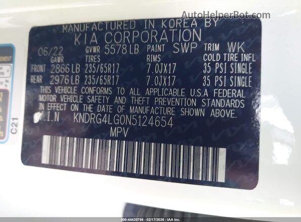 KNDRG4LG0N5124654 2022 KIA SORENTO HYBRID Белый 