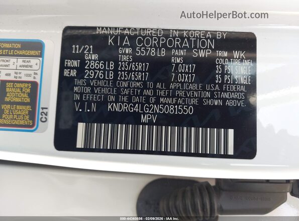 KNDRG4LG2N5081550 2022 KIA SORENTO HYBRID White 