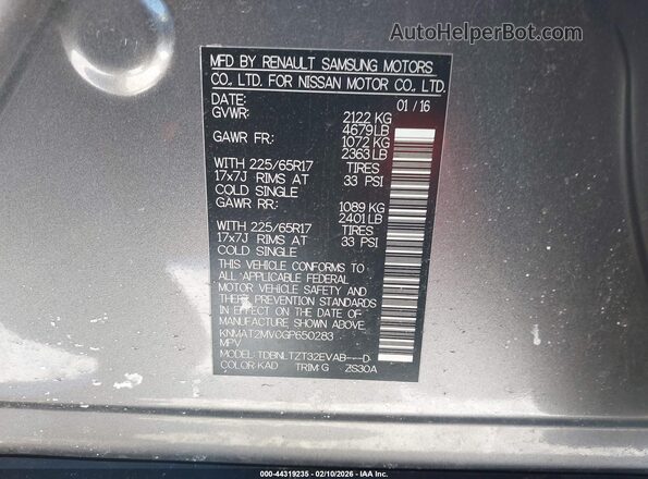 KNMAT2MV0GP650283 2016 NISSAN ROGUE Gray Widok komory silnika