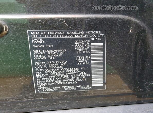 KNMAT2MV3GP645420 2016 NISSAN ROGUE Green Vista de la etiqueta del VIN
