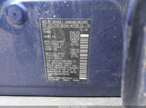 KNMAT2MV4KP514148 2019 NISSAN ROGUE Blue Widok komory silnika