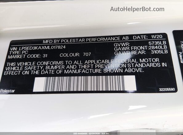 LPSED3KAXML017824 2021 POLESTAR 2 White Vista del compartimento del motor