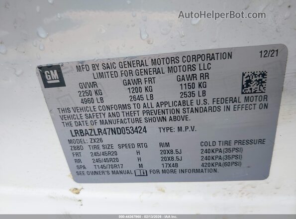 LRBAZLR47ND053424 2022 BUICK ENVISION White Вид підкапотного простору