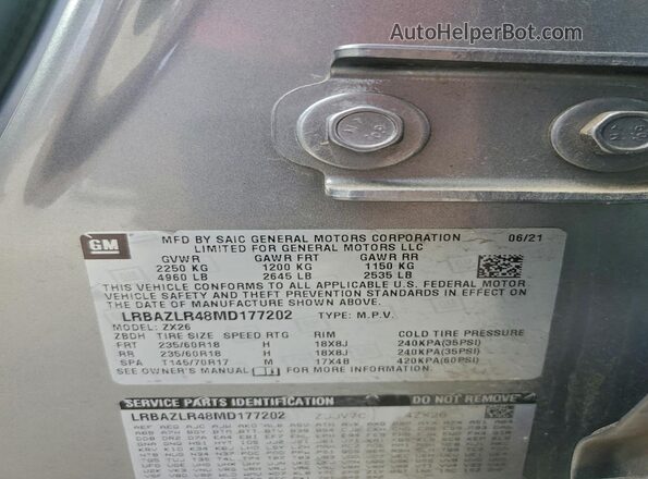 LRBAZLR48MD177202 2021 BUICK ENVISION Silver VIN კოდის სტიკერის ხედი