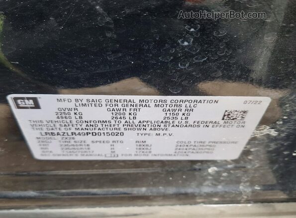 LRBAZLR49PD015020 2023 BUICK ENVISION Black VIN კოდის სტიკერის ხედი