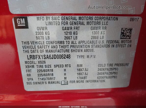 LRBFX1SA6JD006248 2018 BUICK ENVISION Red ძრავის განყოფილების ხედი