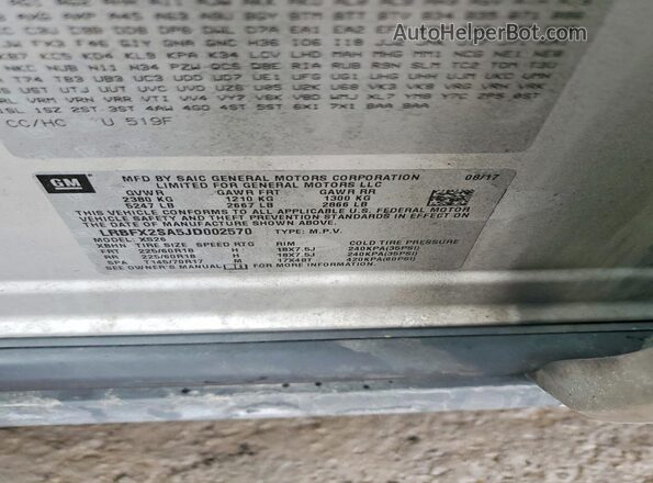 LRBFX2SA5JD002570 2018 BUICK ENVISION Silver Vista de la etiqueta del VIN