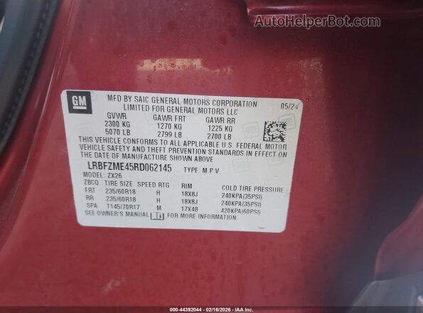 LRBFZME45RD062145 2024 BUICK ENVISION Красный Вид наклейки с VIN-кодом