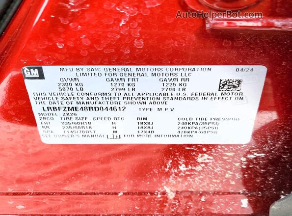 LRBFZME48RD044612 2024 BUICK ENVISION Red Вид наклейки з VIN-кодом