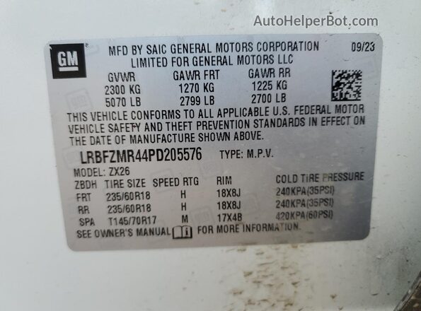 LRBFZMR44PD205576 2023 BUICK ENVISION White VIN კოდის სტიკერის ხედი