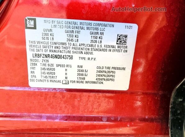 LRBFZNR46ND043758 2022 BUICK ENVISION Maroon Widok naklejki z numerem VIN