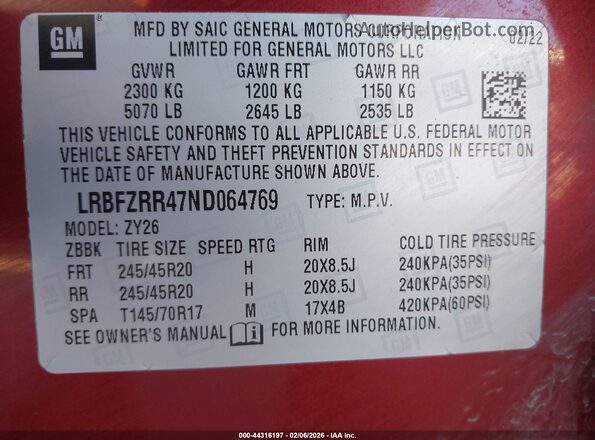 LRBFZRR47ND064769 2022 BUICK ENVISION Burgundy 