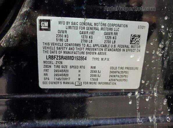 LRBFZSR48MD192864 2021 BUICK ENVISION Blue Vista de la etiqueta del VIN