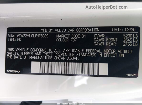 LVYA22ML0LP175089 2020 VOLVO S90 White Widok komory silnika