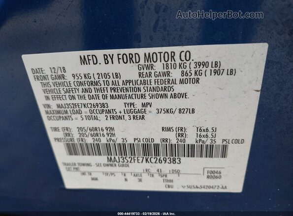 MAJ3S2FE7KC269383 2019 FORD ECOSPORT Blue 