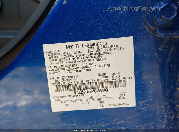 MAJ3S2GE9MC455590 2021 FORD ECOSPORT Синий 