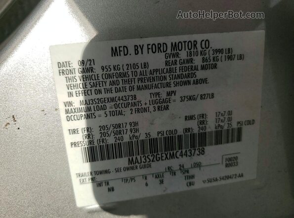MAJ3S2GEXMC443738 2021 FORD ECOSPORT Silver 
