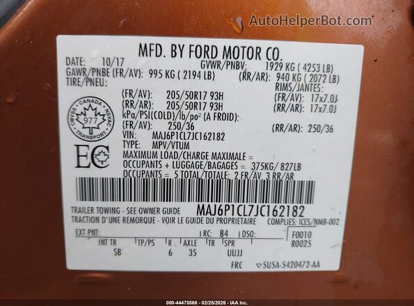 MAJ6P1CL7JC162182 2018 FORD ECOSPORT Orange Вид підкапотного простору