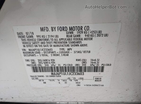 MAJ6P1UL1JC233603 2018 FORD ECOSPORT Белый Вид подкапотного пространства