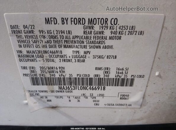 MAJ6S3FL0NC466918 2022 FORD ECOSPORT White Շարժիչի բաժամունքի տեսք
