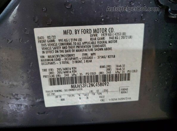 MAJ6S3FL2NC458092 2022 FORD ECOSPORT Gray VIN կոդի պիտակի տեսք