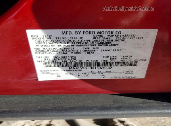 MAJ6S3GL0KC264137 2019 FORD ECOSPORT Red VIN կոդի պիտակի տեսք