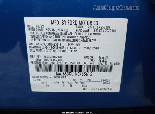 MAJ6S3GL1NC465615 2022 FORD ECOSPORT Blue Engine compartment view