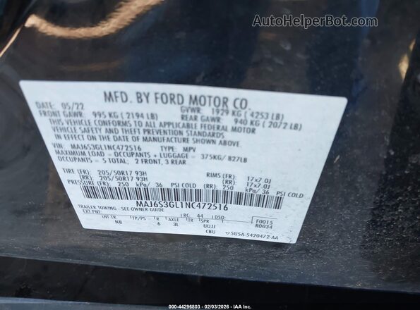MAJ6S3GL1NC472516 2022 FORD ECOSPORT Black Widok komory silnika
