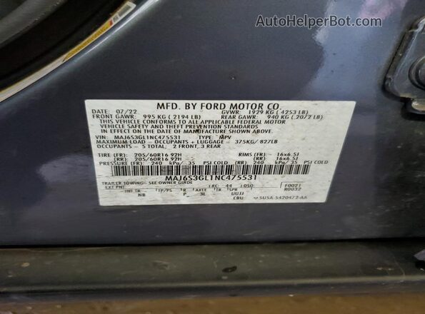MAJ6S3GL1NC475531 2022 FORD ECOSPORT Charcoal Widok naklejki z numerem VIN
