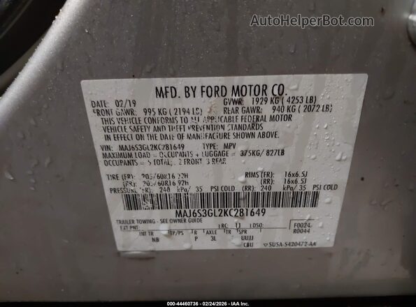 MAJ6S3GL2KC281649 2019 FORD ECOSPORT Silver Engine compartment view