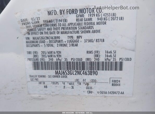 MAJ6S3GL2NC463890 2022 FORD ECOSPORT Белый Вид подкапотного пространства
