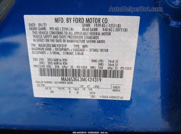 MAJ6S3GL3MC424319 2021 FORD ECOSPORT Синий 