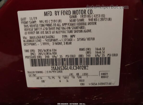 MAJ6S3GL4LC340282 2020 FORD ECOSPORT Red Вид підкапотного простору