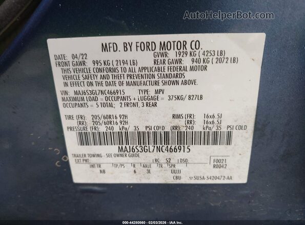 MAJ6S3GL7NC466915 2022 FORD ECOSPORT Blue ძრავის განყოფილების ხედი