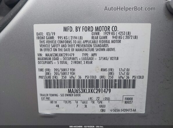 MAJ6S3KLXKC291479 2019 FORD ECOSPORT Silver Vista del compartimento del motor