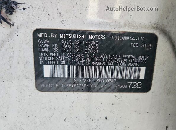 ML32A3HJ2KH010847 2019 MITSUBISHI MIRAGE Белый 