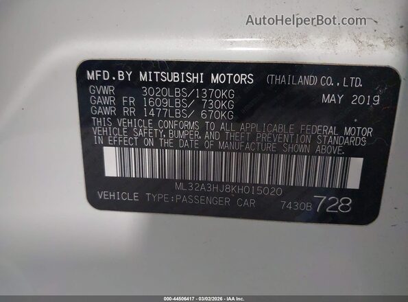 ML32A3HJ8KH015020 2019 MITSUBISHI MIRAGE Белый 