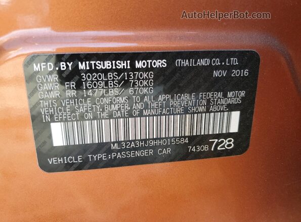 ML32A3HJ9HH015584 2017 MITSUBISHI MIRAGE Orange Vista del compartimento del motor
